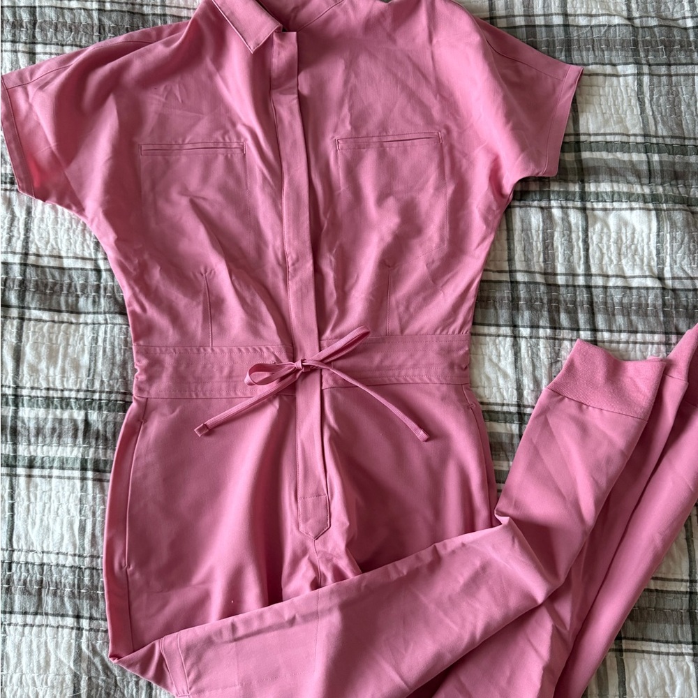 Women's Pink Short-Sleeve Drawstring Jumpsuit